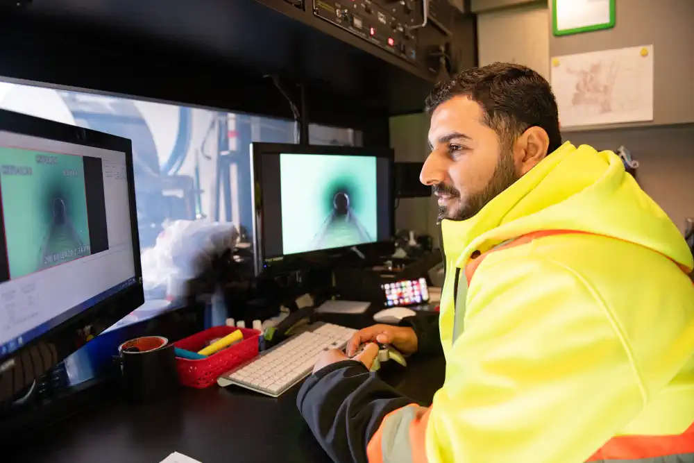 Operator inspecting pipe with crawler